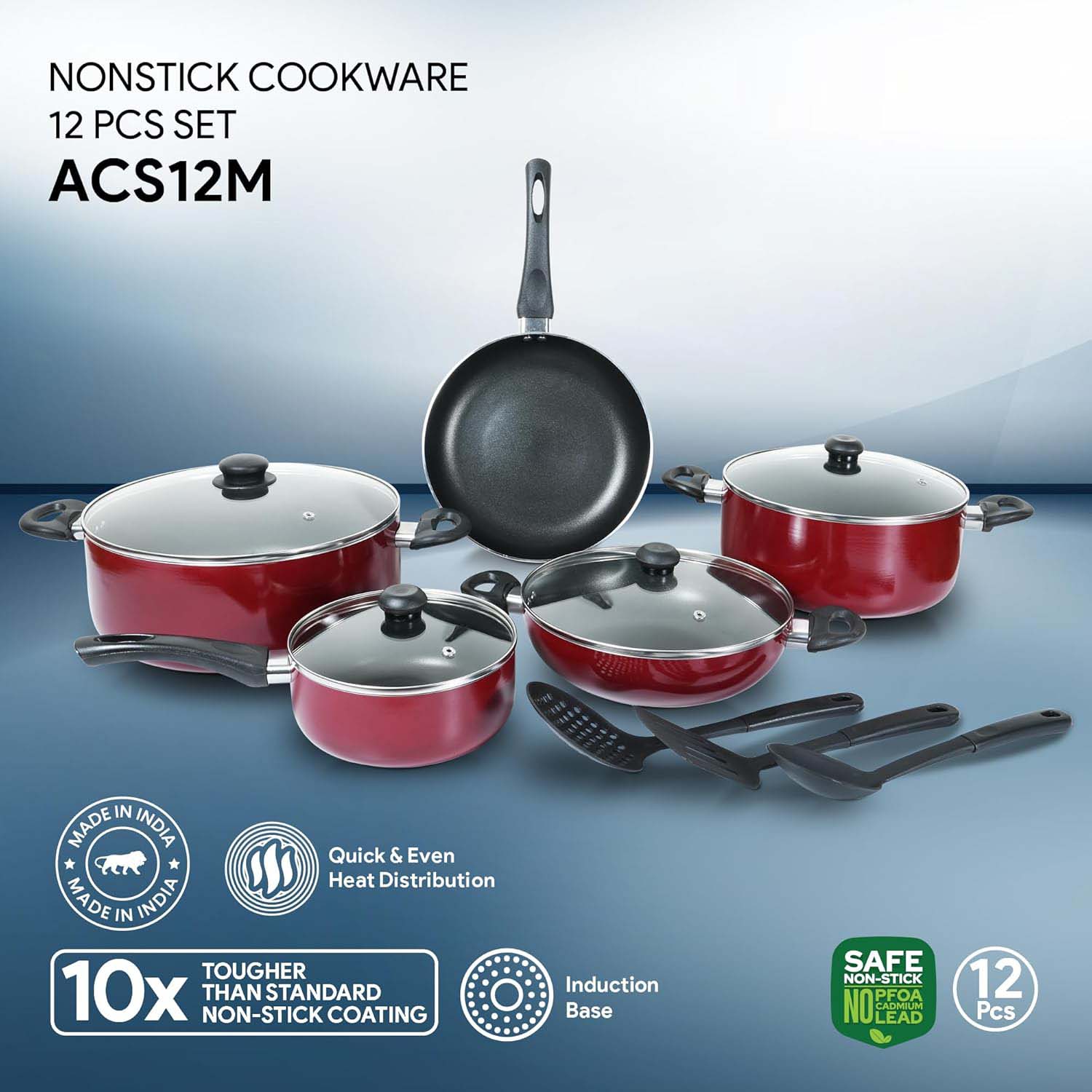 9-Piece Non-Stick Cookware Set - Cast Aluminum Casserole, Kadai, Frypan, Milkpan with Glass Lids & Nylon Spatulas, Heat-Resistant Image