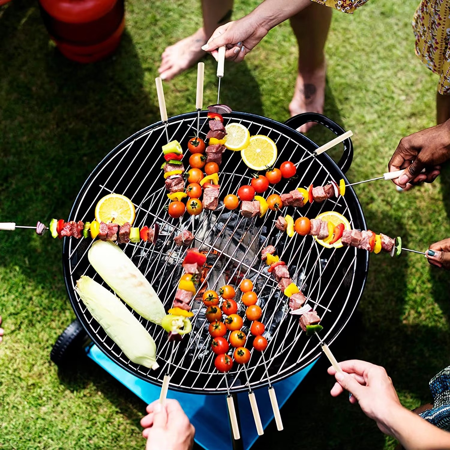 6 Pcs Kebab Skewers | Barbecue Skewers with Wooden Handle | Reusable Stainless Steel Metal BBQ Kabab Sticks Image