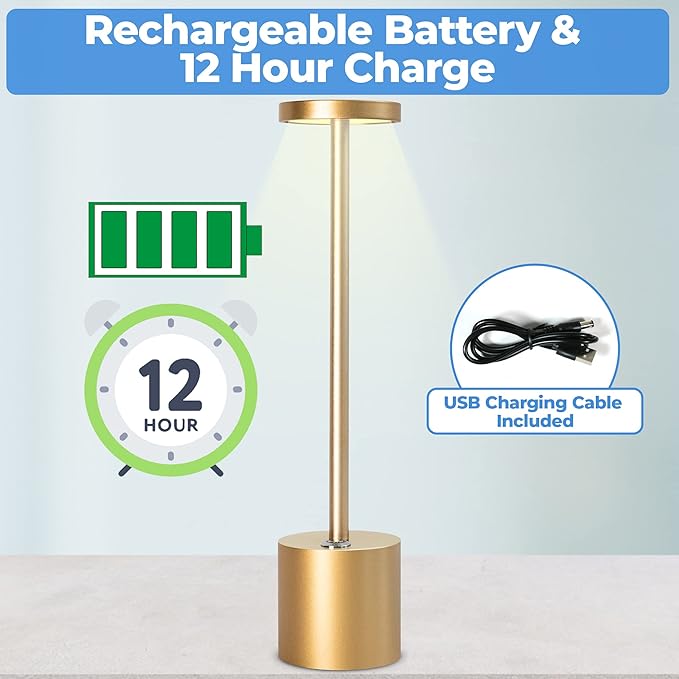 Cordless LED Table Lamp – Full Size Minimalist Design with Rechargeable Battery and 3-Level Dimming for Home, Office, and Nursery Image