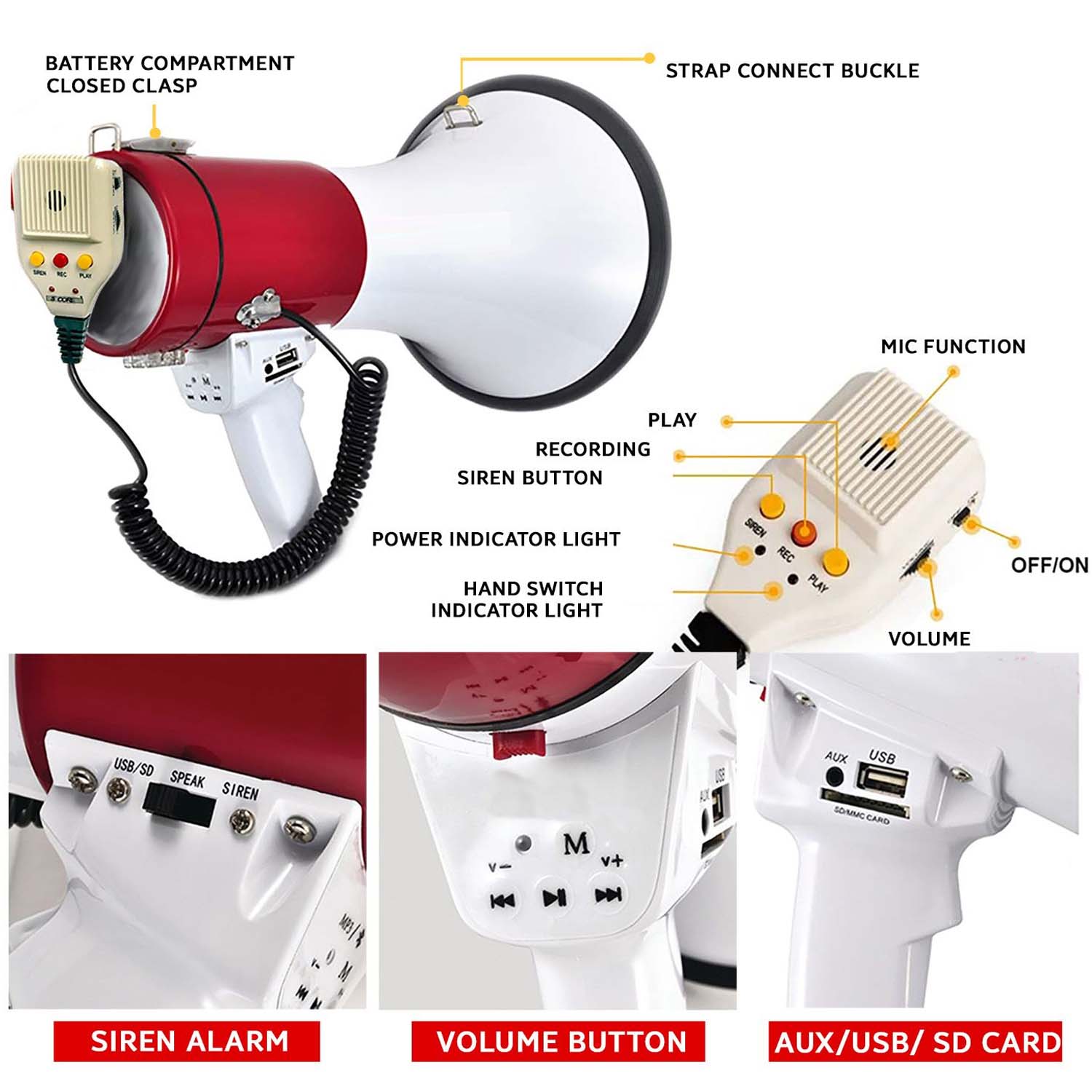 Portable Handheld Megaphone 50W high-power speaker with built-in siren & recording function for clear, long-range communication. Image