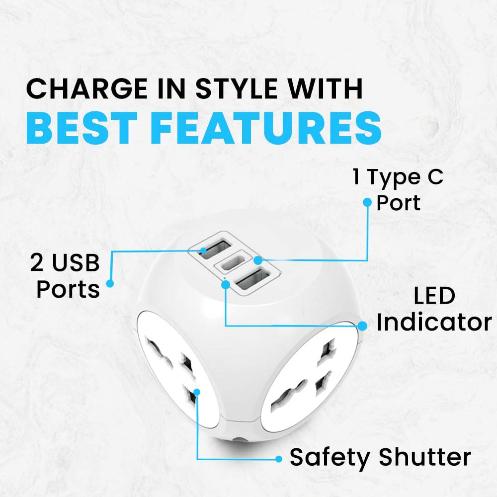 7-in-1 Multi Plug Extension Adapter - 4 Way Cordless Wall Extender with PD Fast Charging, Universal AC Outlets for Home/Office/Travel 100-250V Image