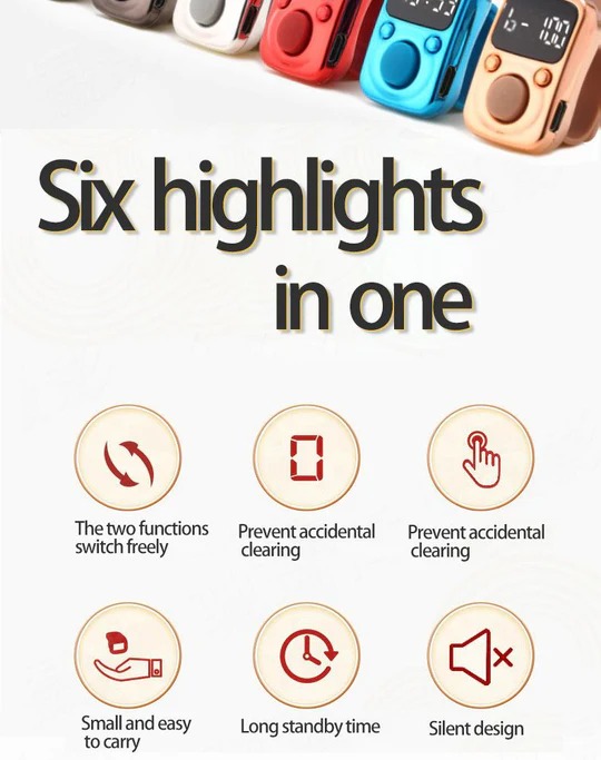 Digital LED Finger Tally Counter - Rechargeable Luminous Electronic Clicker for Prayer, Stitch Marker, and Counting Tasks | Compact Handheld Counter with Adjustable Strap & Clear Display | Durable and Lightweight Design | Silver Finish Image