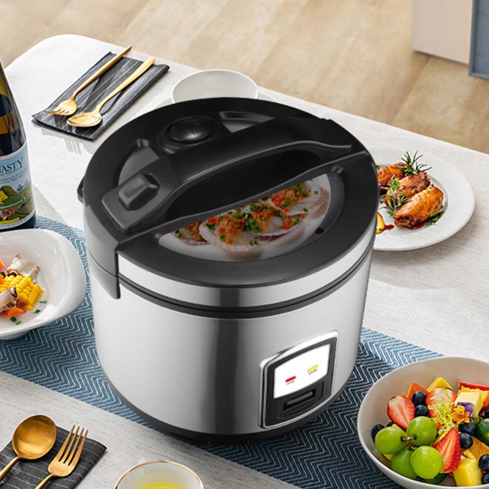 OE-400 2-Liter Mixed Rice Cooker. 2-in-1 rice cooker & steamer with non-stick pot, Cook/Warm functions. Silver & black. Image