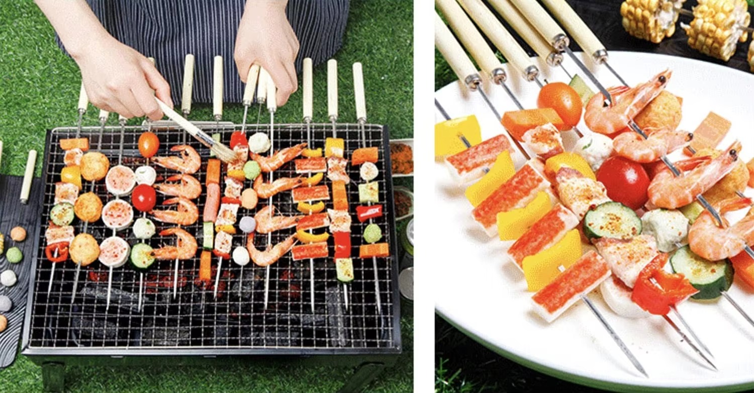 6 Pcs Kebab Skewers | Barbecue Skewers with Wooden Handle | Reusable Stainless Steel Metal BBQ Kabab Sticks Image