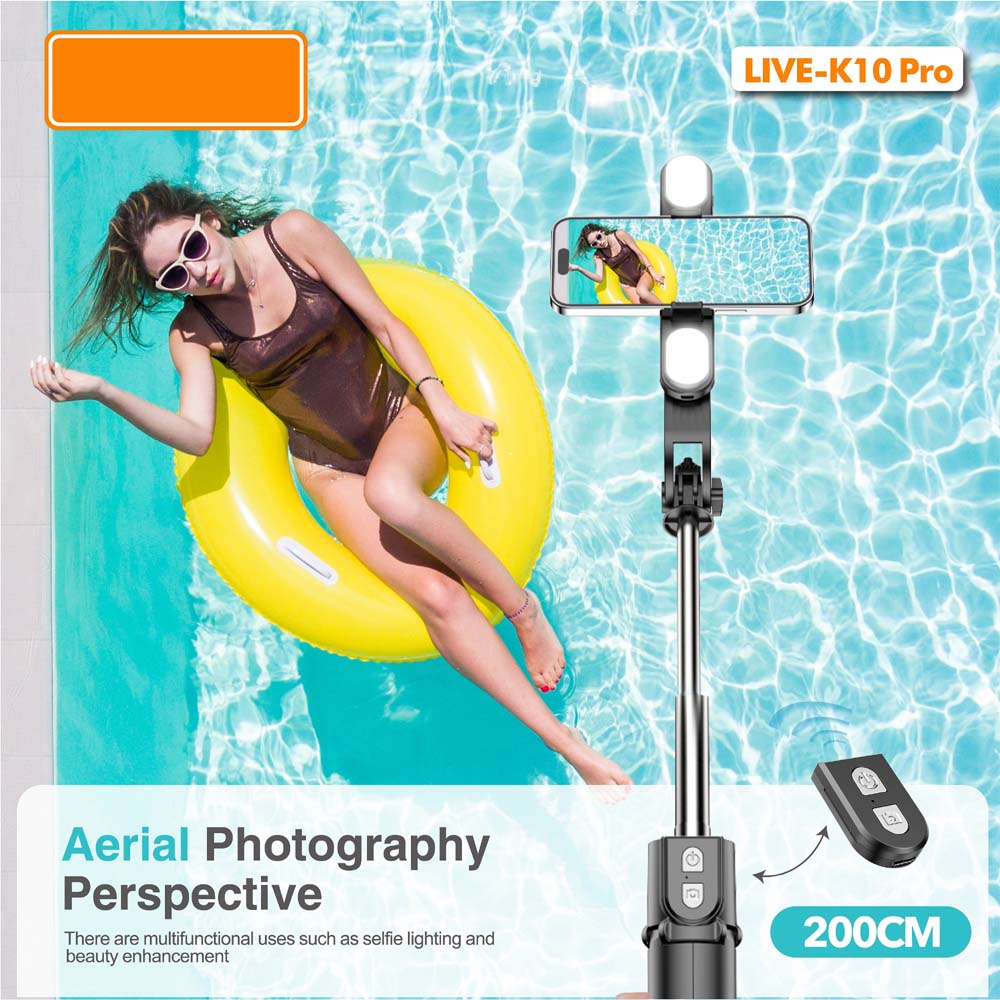 Live K10 PRO 6.5 Feet Tripod Stand Selfie Stick with 2 Chargeable Lights, Bluetooth Remote, 360° Rotatable, Compitable for DSLR, Smartphone, Vlogging, YouTube Image