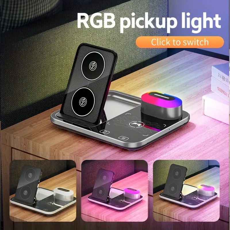 R12 Desktop Wireless Charger – 4-in-1 Automatic Lifting Station with RGB Light Effects and Sound-Controlled Lights Image