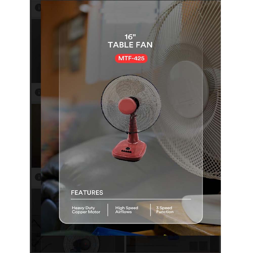 MTF-425 16" Table Fan - 3-Speed Adjustable Tilt, Quiet Operation for Home & Office Image