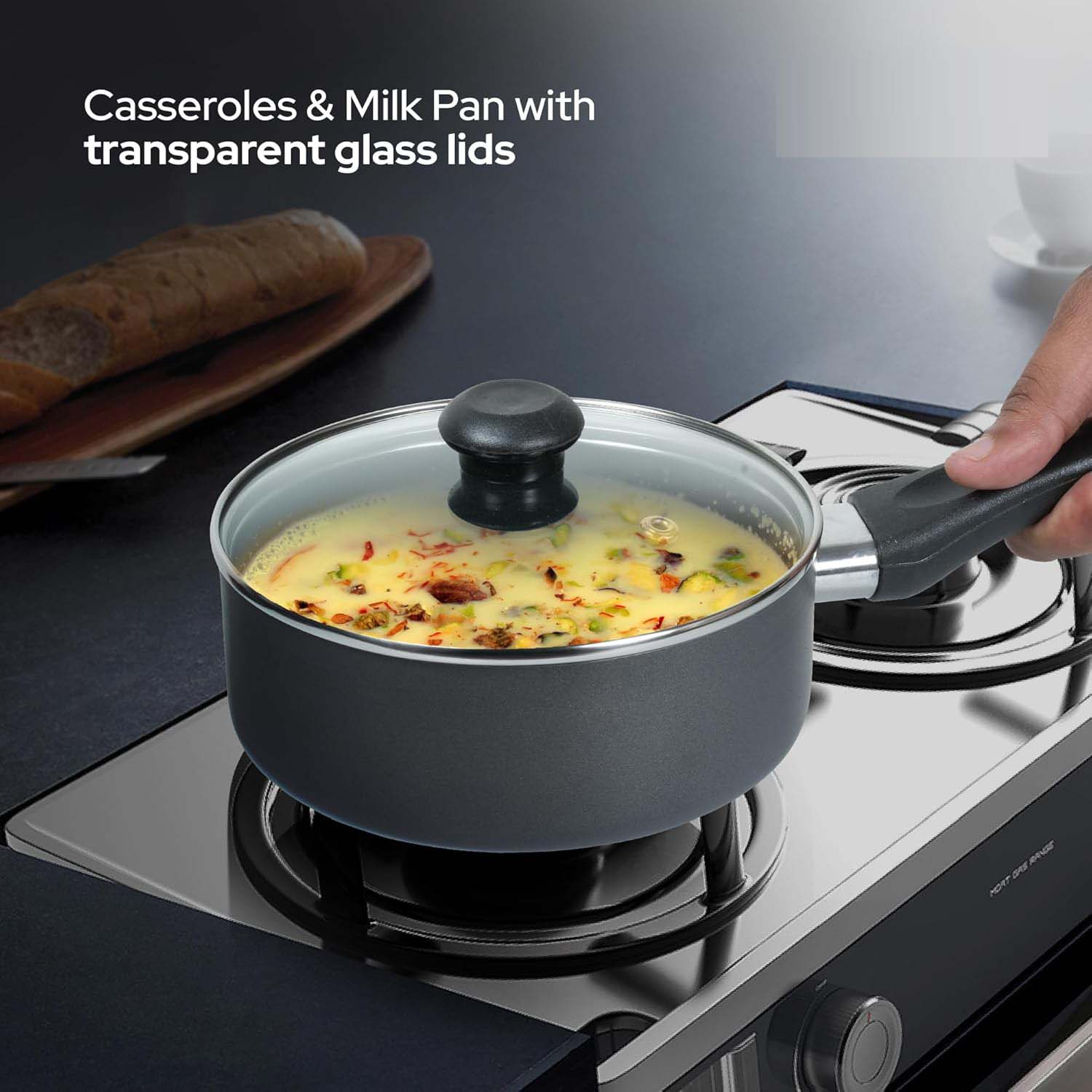 10-Piece Nonstick Cookware Set - Aluminum, Glass Lids, Casserole, Saucepan, Frypan, Nylon Turner, Dishwasher Safe (Black) Image