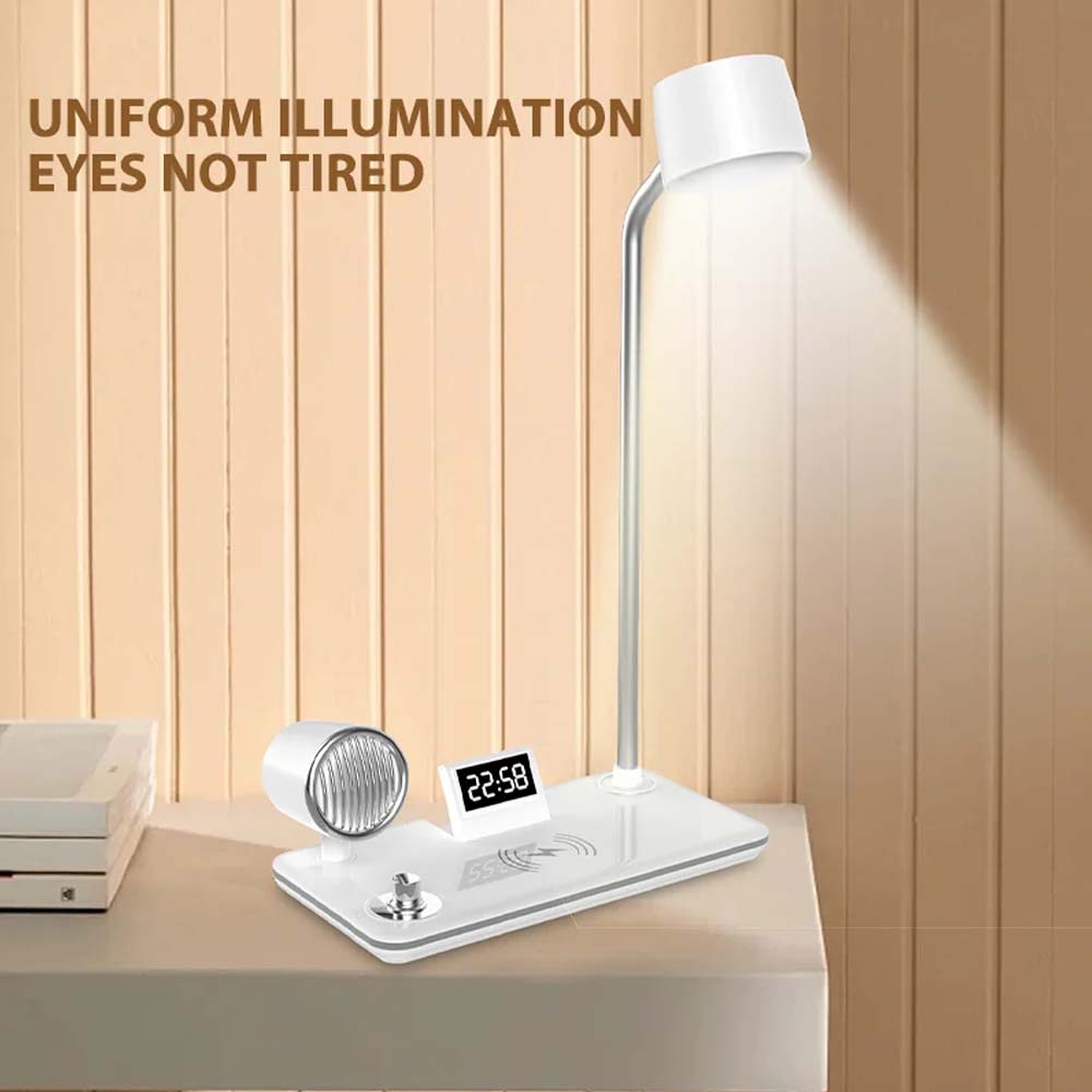LED Desk Lamp with Wireless Charger, Bluetooth Speaker, Clock & Night Light - Modern Multifunctional Touch Control Design Image