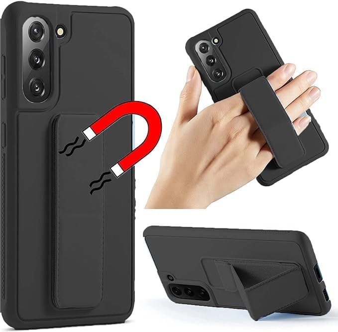 Slim Protective Case for Samsung Galaxy S21 to S24 Plus 5G (6.7 Inches) | Leather Hand Strap Holder & Kickstand | Black Image