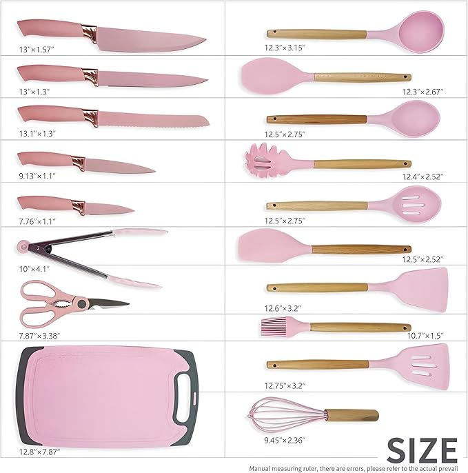 19-Piece Silicone Cooking Utensils & Knife Set with Block | Includes 11 Silicone Utensils, 5 Stainless Steel Knives, Scissors, Cutting Board | Pink Image