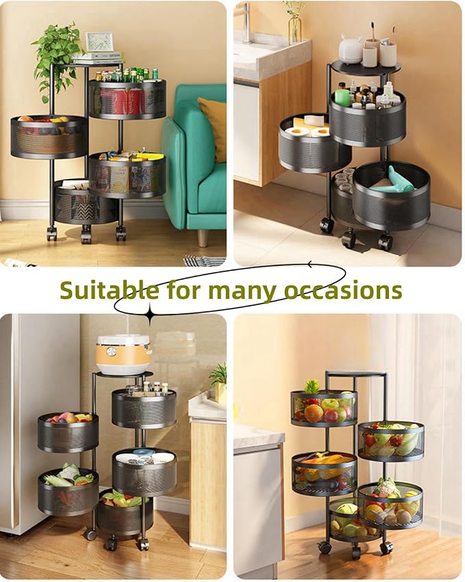 5-Tier Kitchen Storage Shelf - Rotatable Fruit & Vegetable Basket with 360° Swivel Wheels | Circular Rotating Storage Rack for Kitchen, Pantry, Bathroom, and More | Large Capacity Metal Organizer for Snacks, Spices, and Produce Image