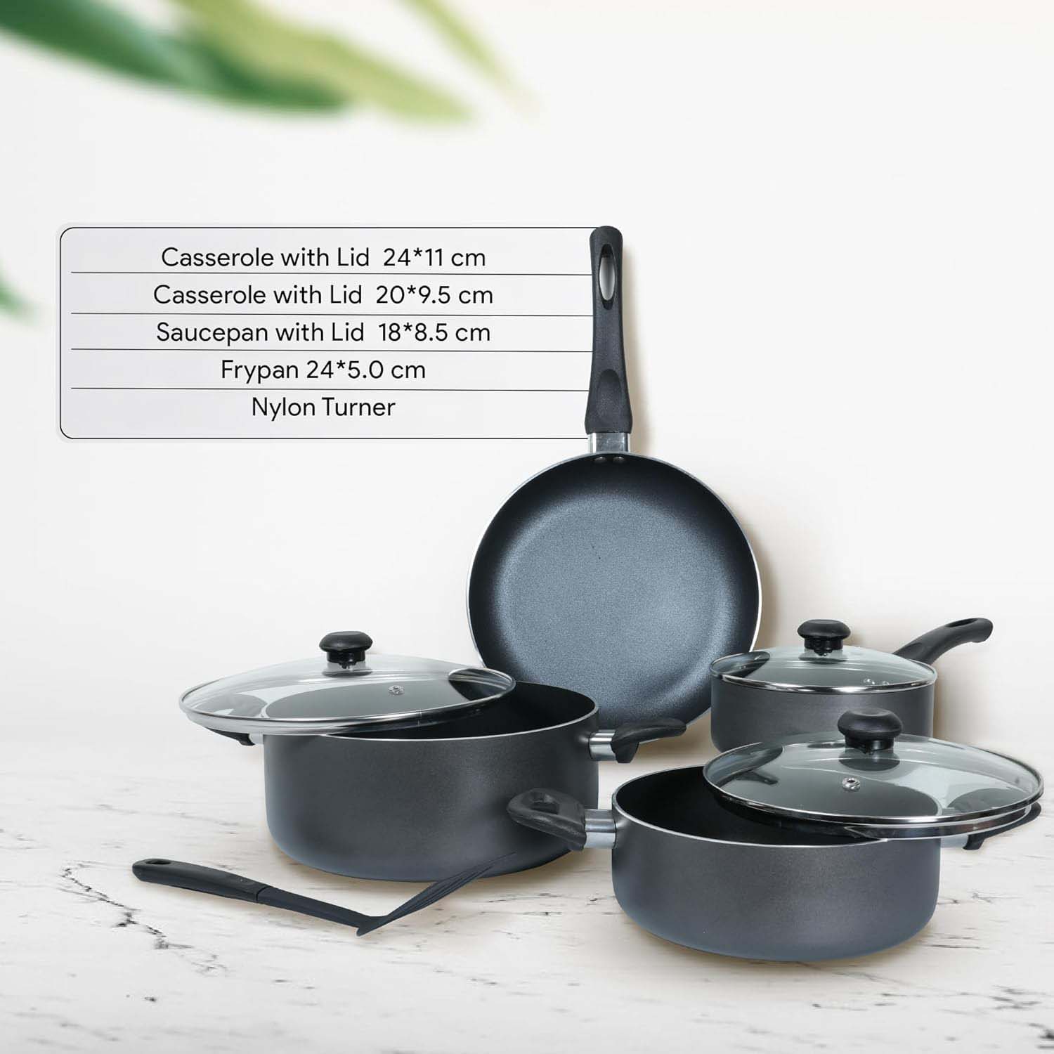 10-Piece Nonstick Cookware Set - Aluminum, Glass Lids, Casserole, Saucepan, Frypan, Nylon Turner, Dishwasher Safe (Black) Image