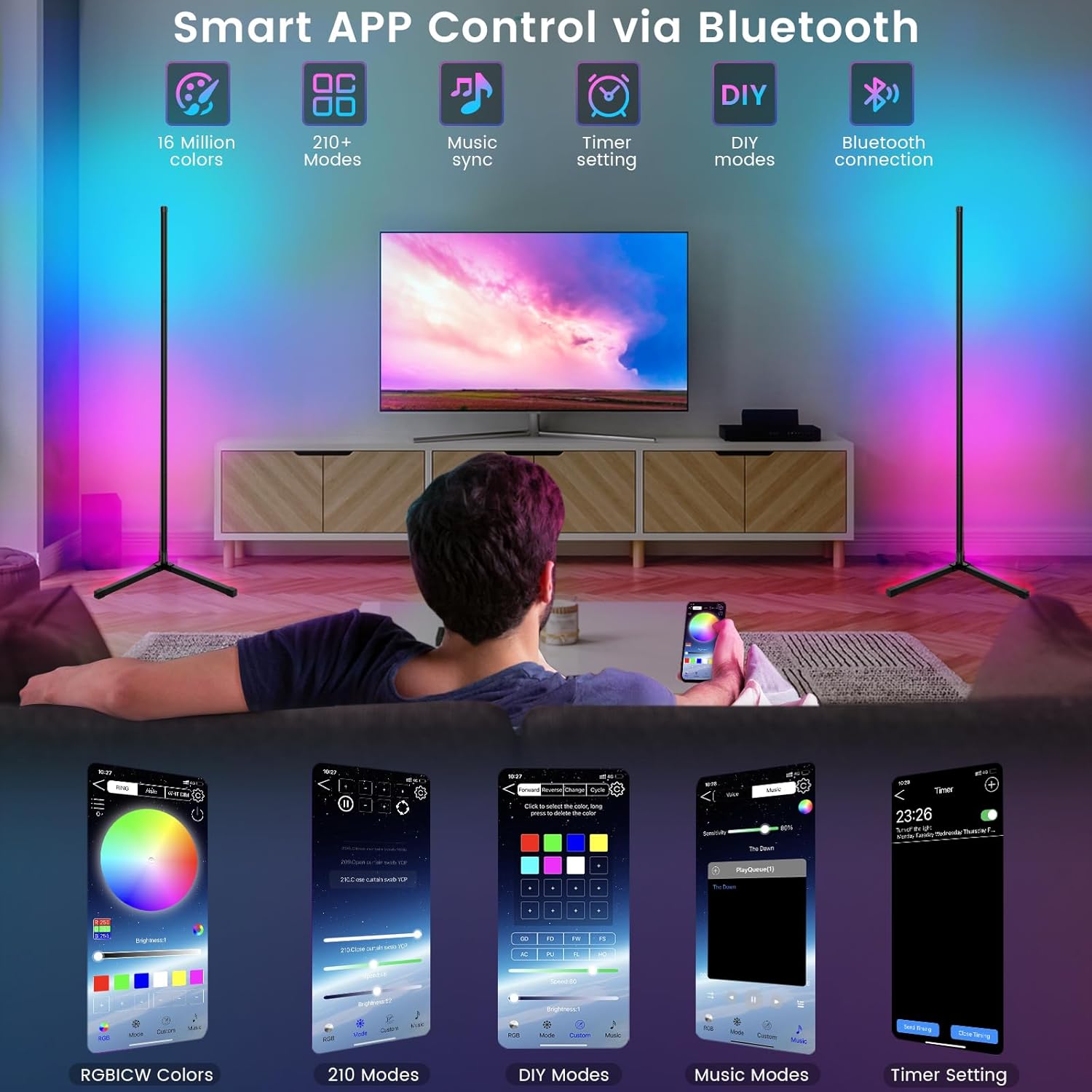 Smart RGB LED Floor Lamp, 62.2” Corner Light with APP & Remote Control, Music Sync & Timer, Modern Color-Changing Mood Lighting for Living Room, Bedroom, Gaming Room Image