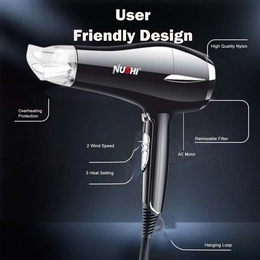 NUSHI NS-2201 Professional Hair Dryer. 2000W powerful motor for fast drying with ionic technology & multiple heat/speed settings. Image