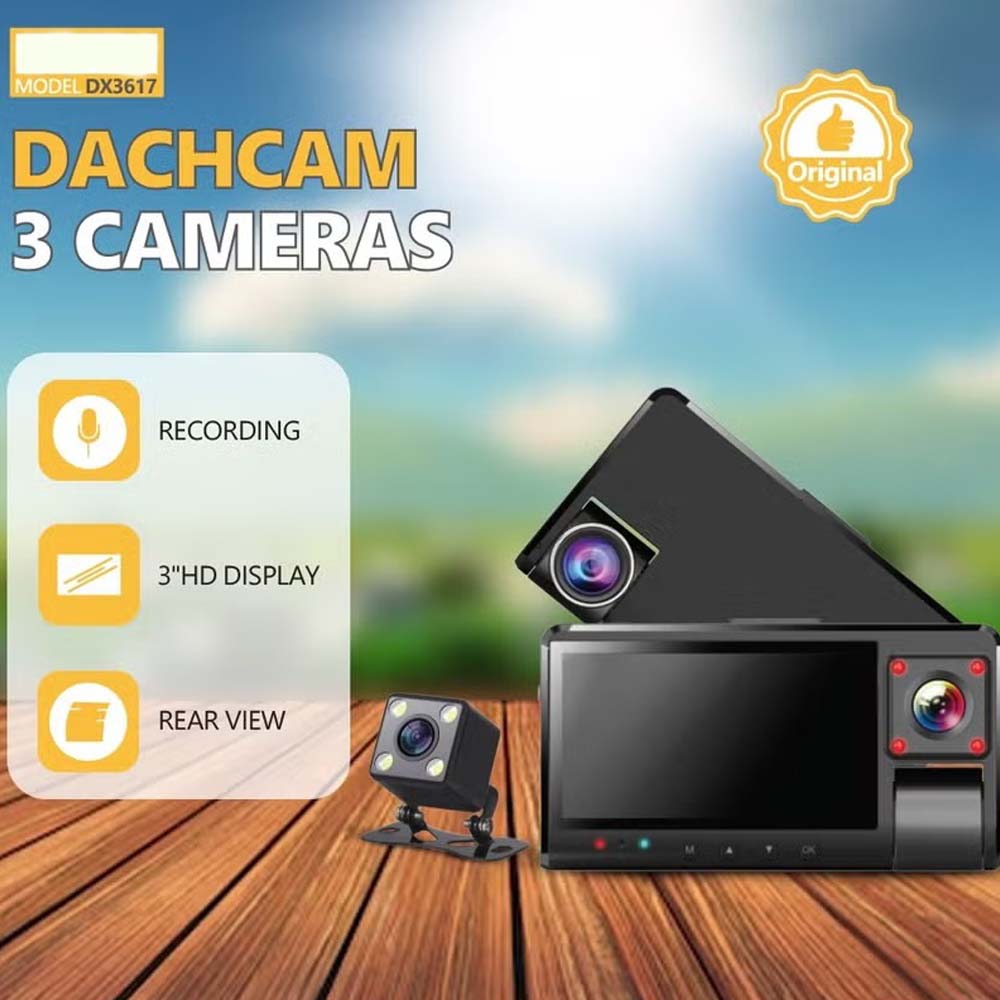 DX-3617 3-Channel Dash Cam. Front, rear & interior recording with WiFi app control, night vision & parking mode. Image