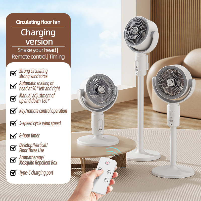 5-Speed Floor Fan - Adjustable Height, Rechargeable, Timer Control, 90° Oscillation for Whole Room Air Circulation Image