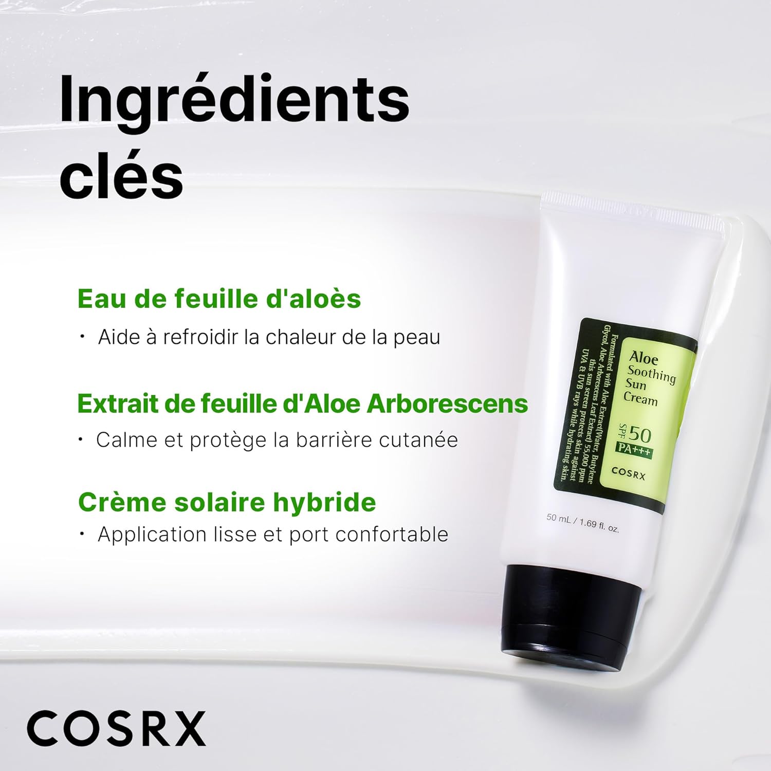 COSRX Aloe Soothing Sun Cream SPF50. Hydrating daily sunscreen for dry, sensitive skin. No white cast. UVA/UVB protection. Image