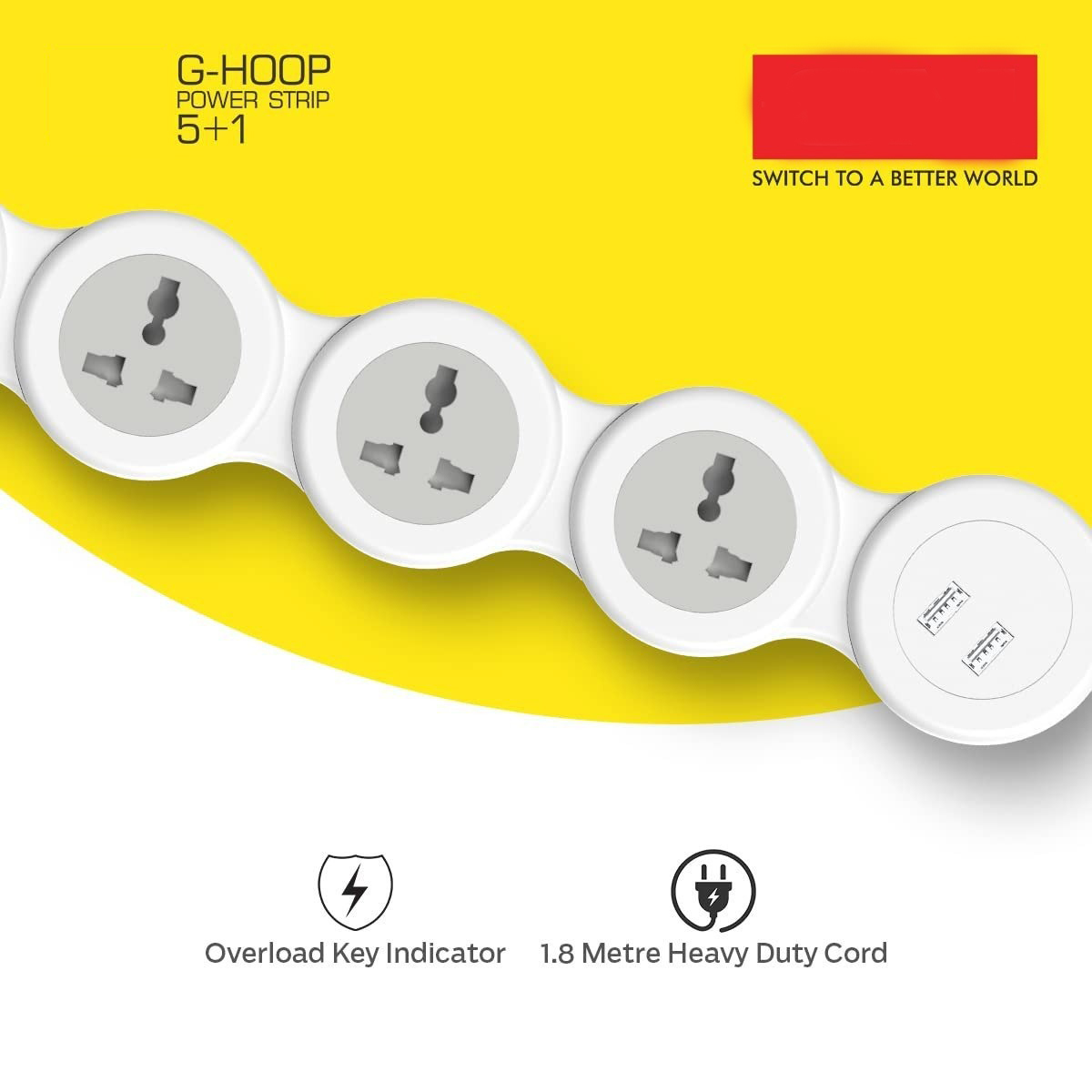 3276 Cuba Power Strip with 2 USB 3.1A, Master Switch, 4 International Sockets, Safety Shutter, 1.8 m Cable – Ideal for Home & Office Image