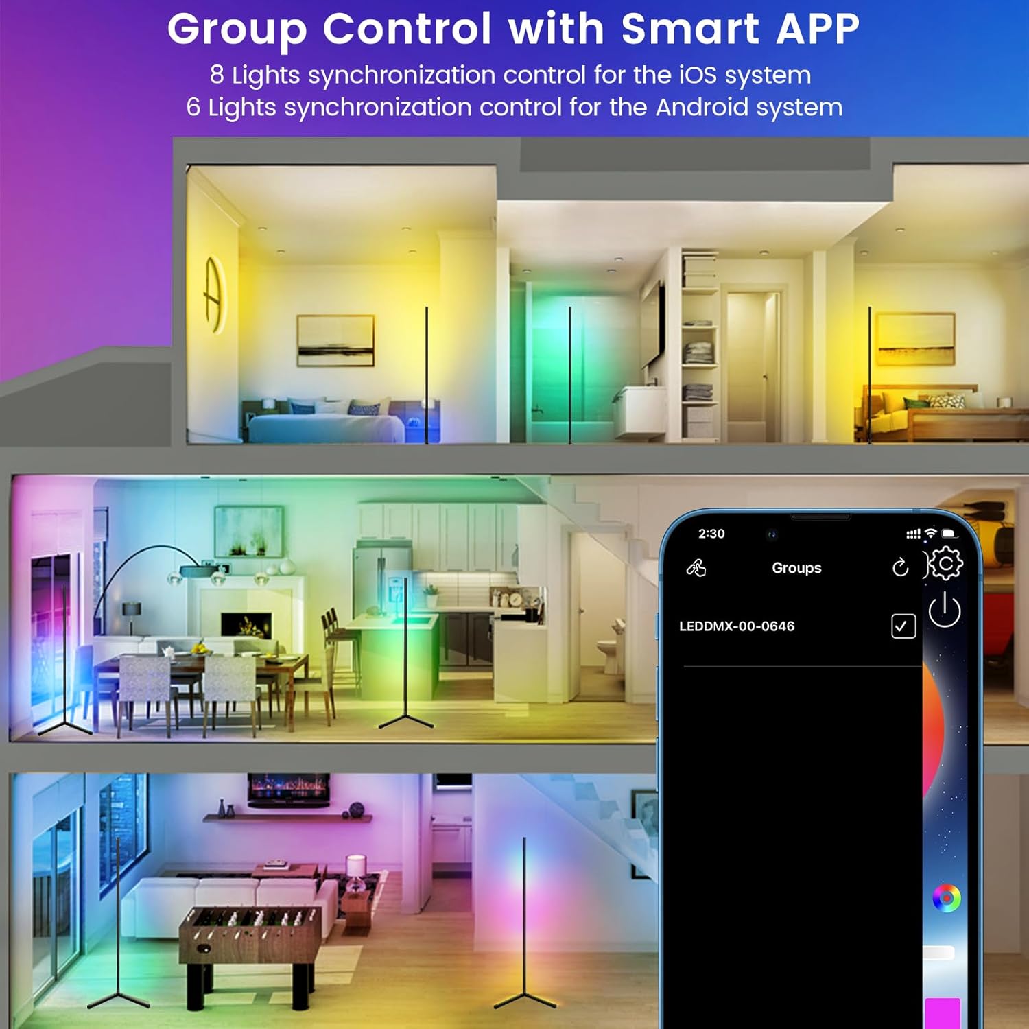 Smart RGB LED Floor Lamp, 62.2” Corner Light with APP & Remote Control, Music Sync & Timer, Modern Color-Changing Mood Lighting for Living Room, Bedroom, Gaming Room Image