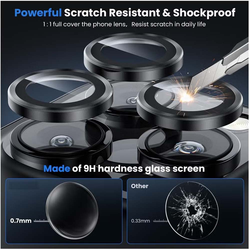 iPhone 14 Pro Max/15 Pro Camera Lens Protector - 3-Pack 9H Tempered Glass with Aluminum Alloy Ring (Black ) Image