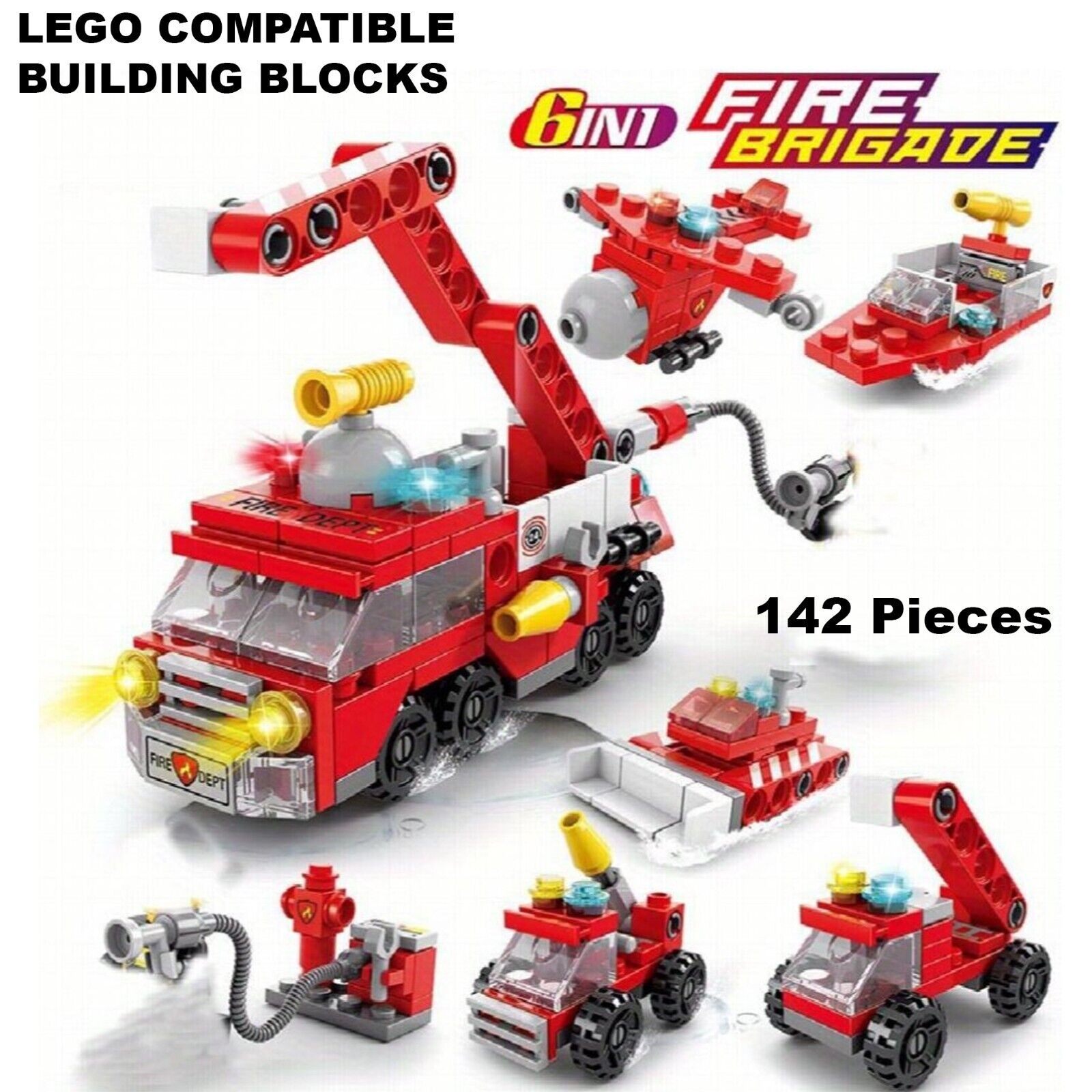 6-in-1 Fire Brigade Truck Building Blocks Set – 142-Piece Creative Play Toy for Kids, Durable DIY Assemble Fire Trucks & Emergency Scenes, Perfect Gift Image