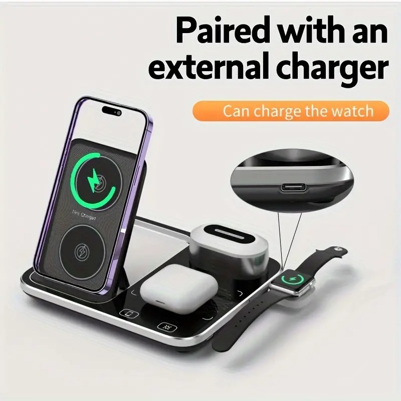 R12 Desktop Wireless Charger – 4-in-1 Automatic Lifting Station with RGB Light Effects and Sound-Controlled Lights Image