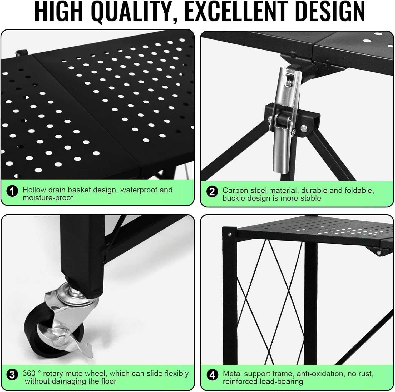 4-Layer White Mobile Folding Kitchen Storage Rack – No-Installation, Thickened Multi-Purpose Shelf (Black) Image