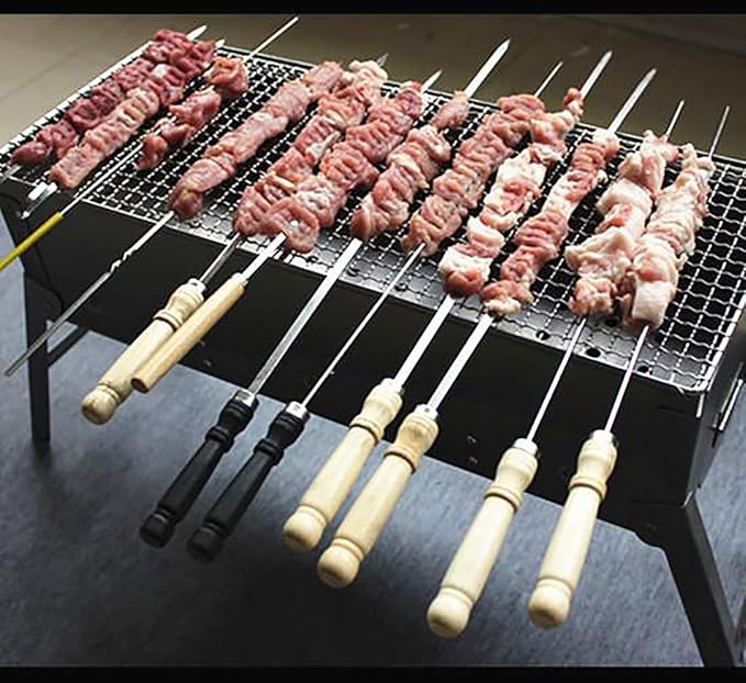 6 Pcs Kebab Skewers | Barbecue Skewers with Wooden Handle | Reusable Stainless Steel Metal BBQ Kabab Sticks Image