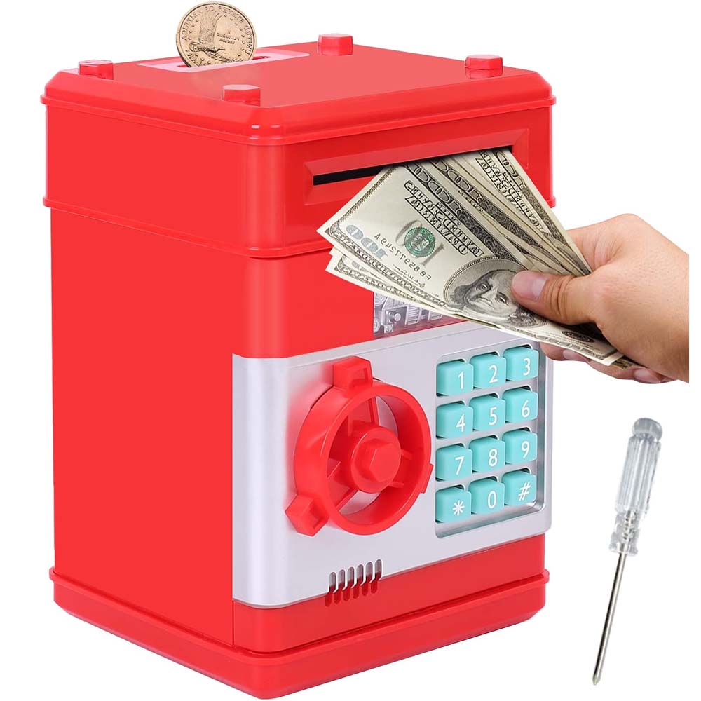 Electronic Money Bank for Kids - Password Lock, Auto Cash Scroll, ATM-Style Piggy Bank (Red) Image
