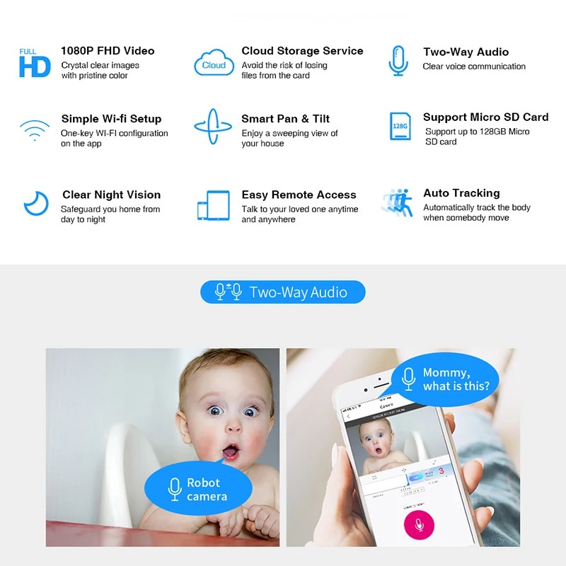 1080P Robot Camera – 360° IP Security Camera with APP WiFi, Night Vision, Auto Tracking, and Baby Monitor Features Image