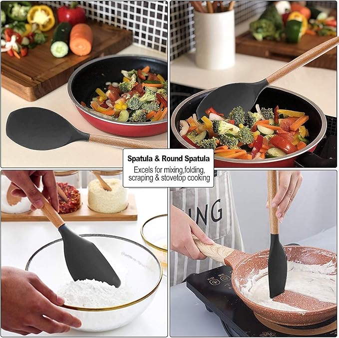 19-Piece Silicone Cooking Utensils & Knife Set with Block | Includes 11 Silicone Utensils, 5 Stainless Steel Knives, Scissors, Cutting Board | Black Image