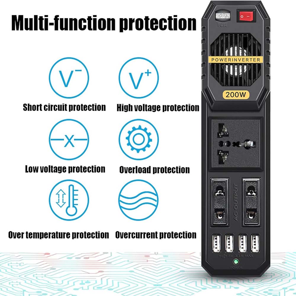 200W Car Power Inverter - DC 12V to AC 220V Converter with 2 AC Outlets, 4 USB Ports & Cigarette Lighter Socket Image