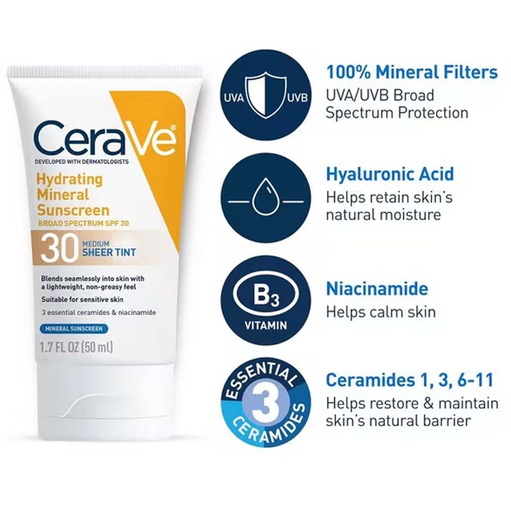 CeraVe Hydrating Mineral Sunscreen Face Lotion SPF 30 with Sheer Tint – 100% Mineral Filter, Broad Spectrum Protection & Healthy Glow Finish Image