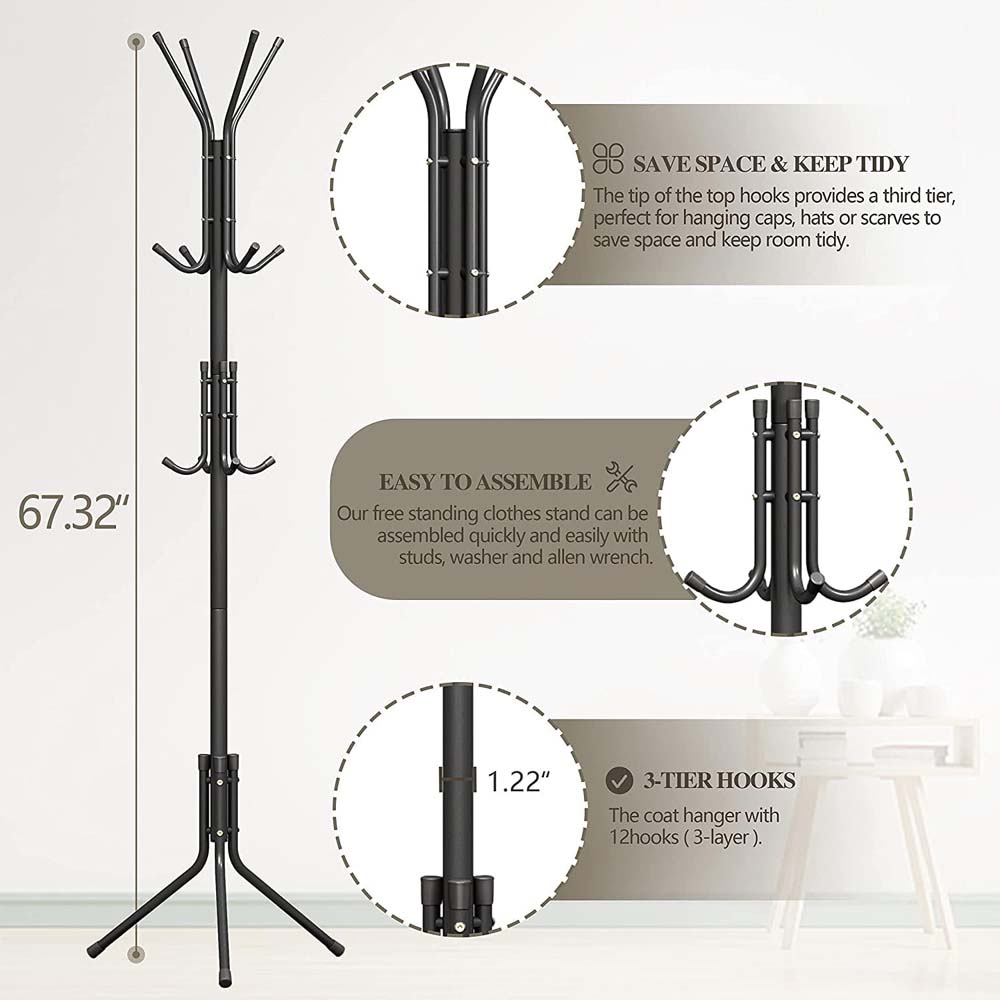 12-Hook Coat Rack Stand - Wrought Iron Clothing Hanger with Shelves, Freestanding Wardrobe Organizer for Bedroom/Entryway Image