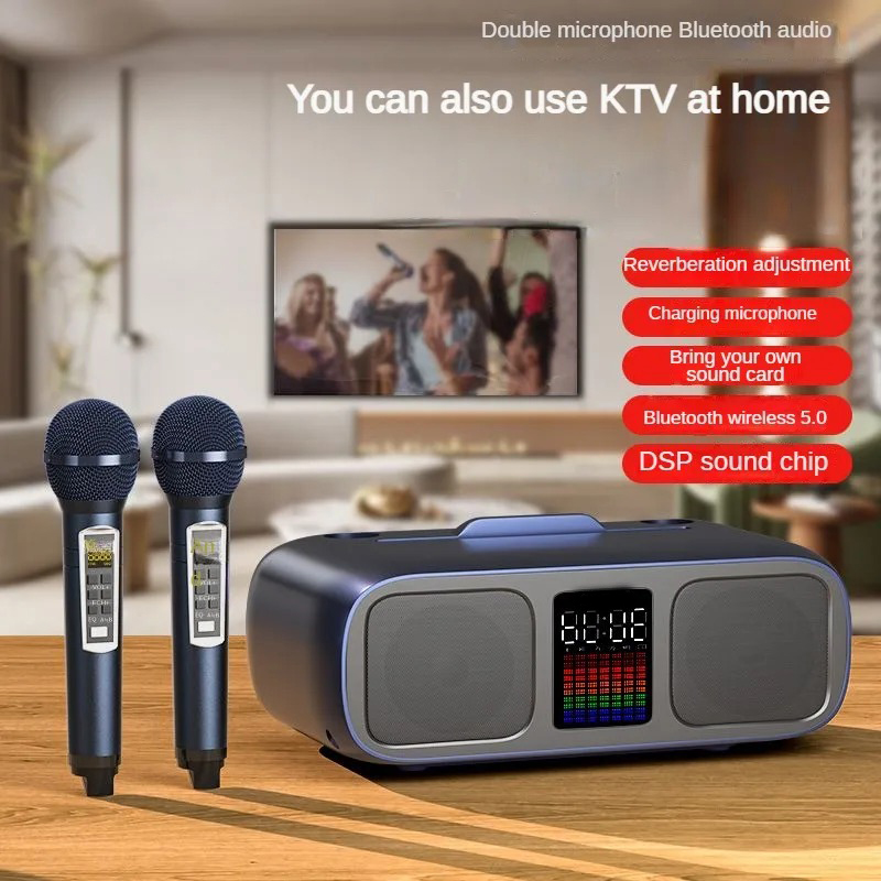 S39 Karaoke Speaker | Dual Horns, Wireless Dual Microphones | Mobile Entertainment & TV Karaoke All-In-One (Grey) Image