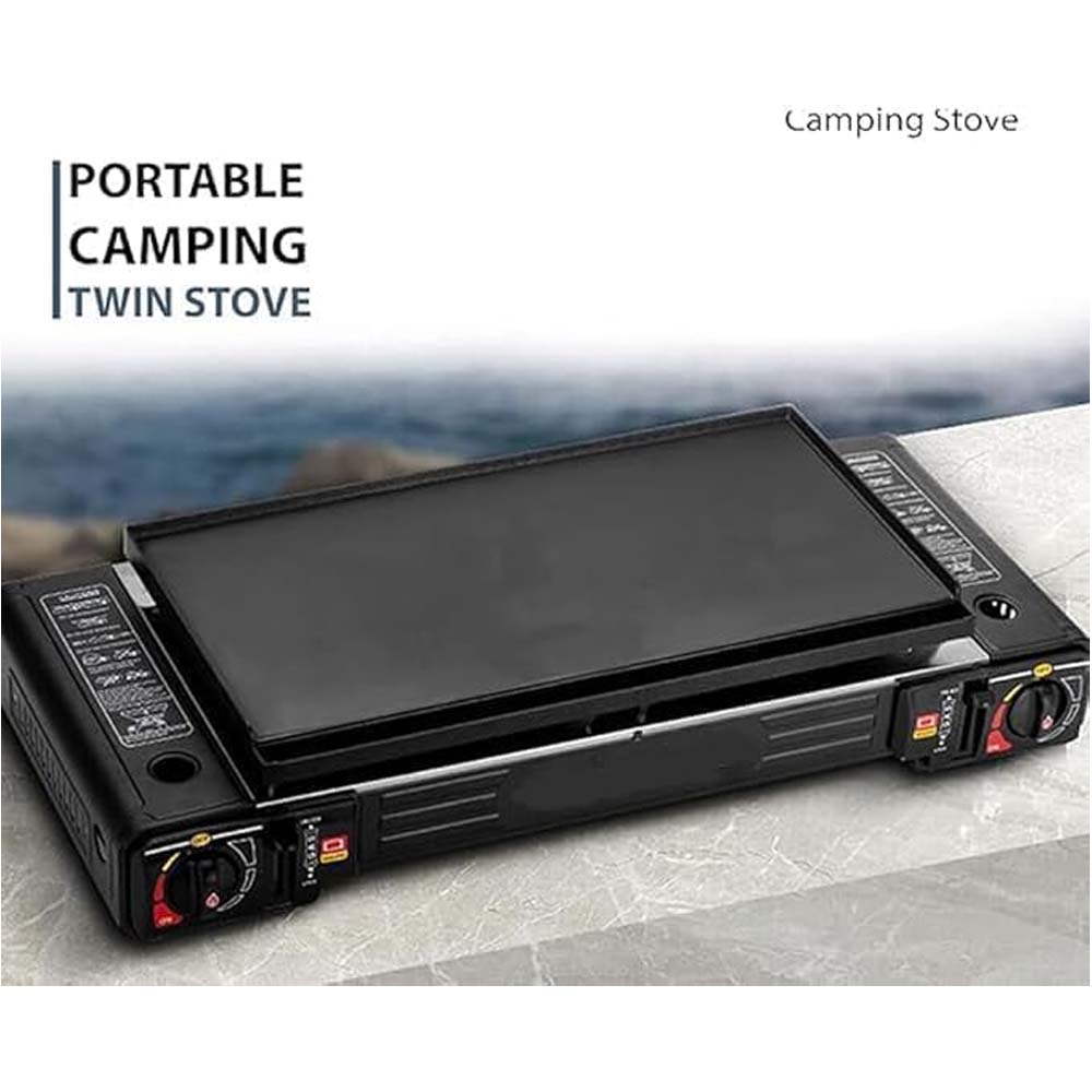 Portable Double Burner Card Stove. Windproof butane camp stove with 3-second ignition for fast outdoor cooking. Compact design. Image