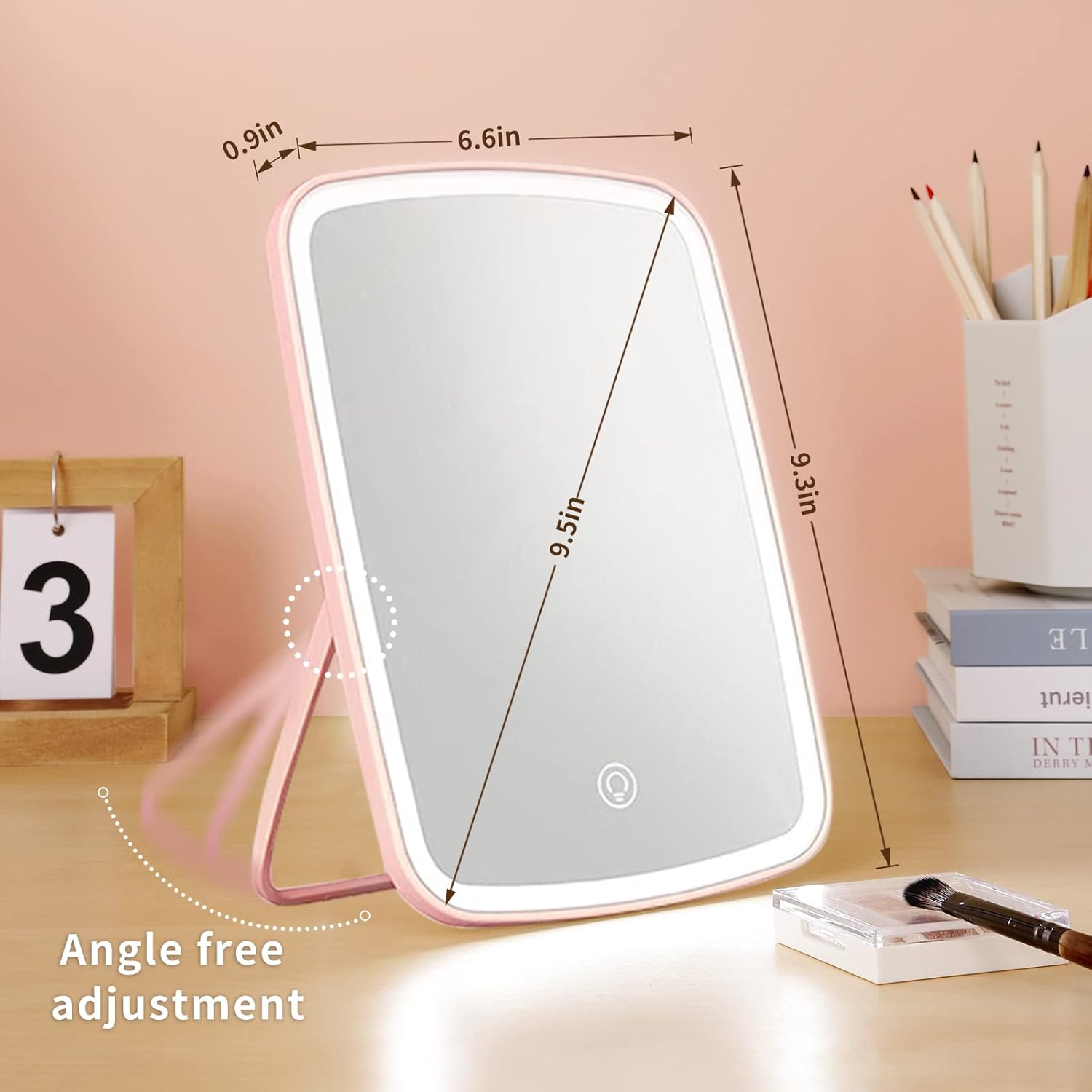 Makeup Vanity Mirror with 42 LED Lights, Touch Control, 3 Color Lighting, USB Rechargeable 2400mAh Battery, Portable Travel Mirror - Pink Image
