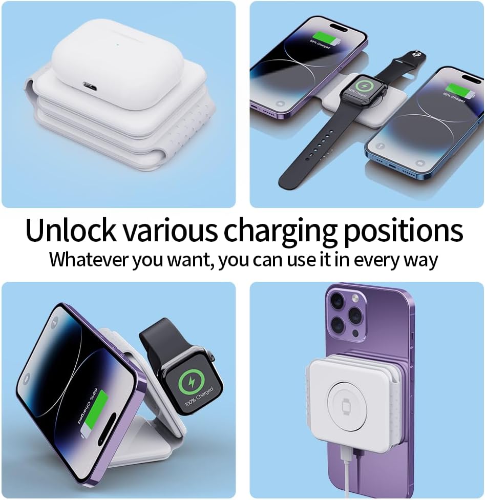 Foldable Magnet Wireless Charger | 3-in-1 Charging Bracket Stand | Compatible with iPhone, Android Phones, Watches, and AirPods Image