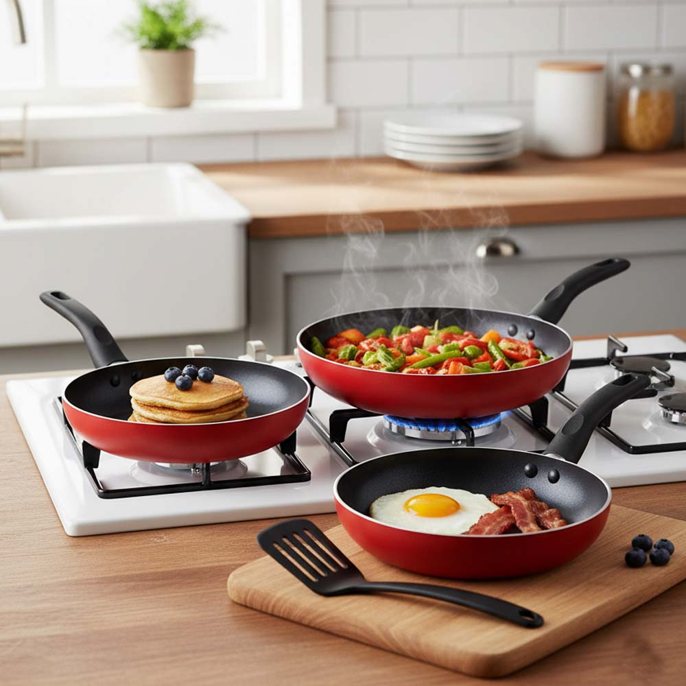 OE-017 4-Piece Red Non-Stick Frying Pan Set. 3 aluminum pans & spatula in 20cm, 24cm, 26cm. Dishwasher-safe. Image