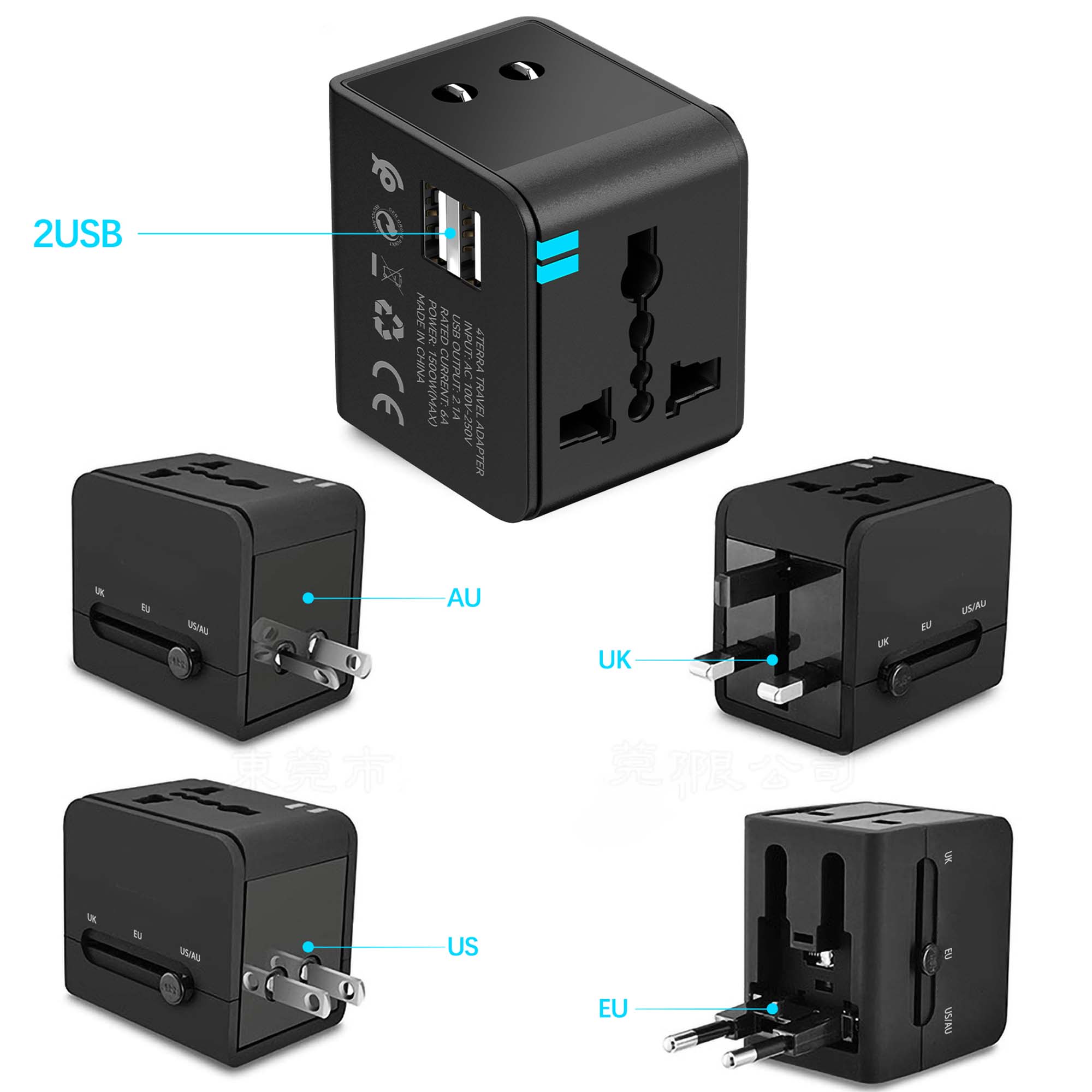 Universal Travel Adapter - Worldwide Mobile Charger with USB and Type-C Ports, High-Speed 1500W Output for International Use, with Multi-Protection Features Image