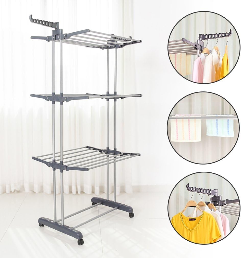 Foldable Rolling Laundry Drying Rack with Adjustable Shelves | Heavy-Duty Stainless Steel Rods | Compact Storage | 4-Tier Adjustable Height & Portable Design Image
