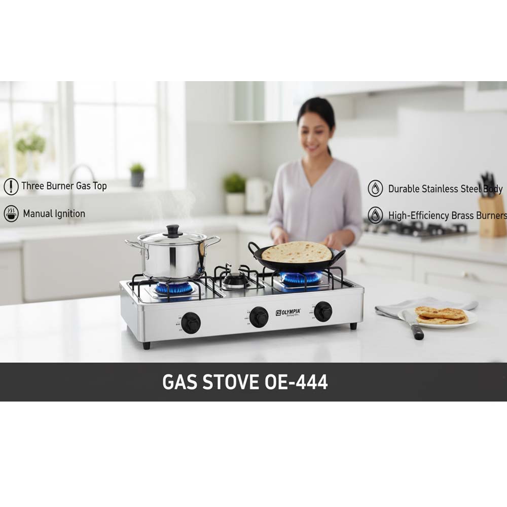 OE-444 3-Burner Gas Stove. Stainless steel enamel body with auto ignition for efficient, powerful triple-burner cooking. Image