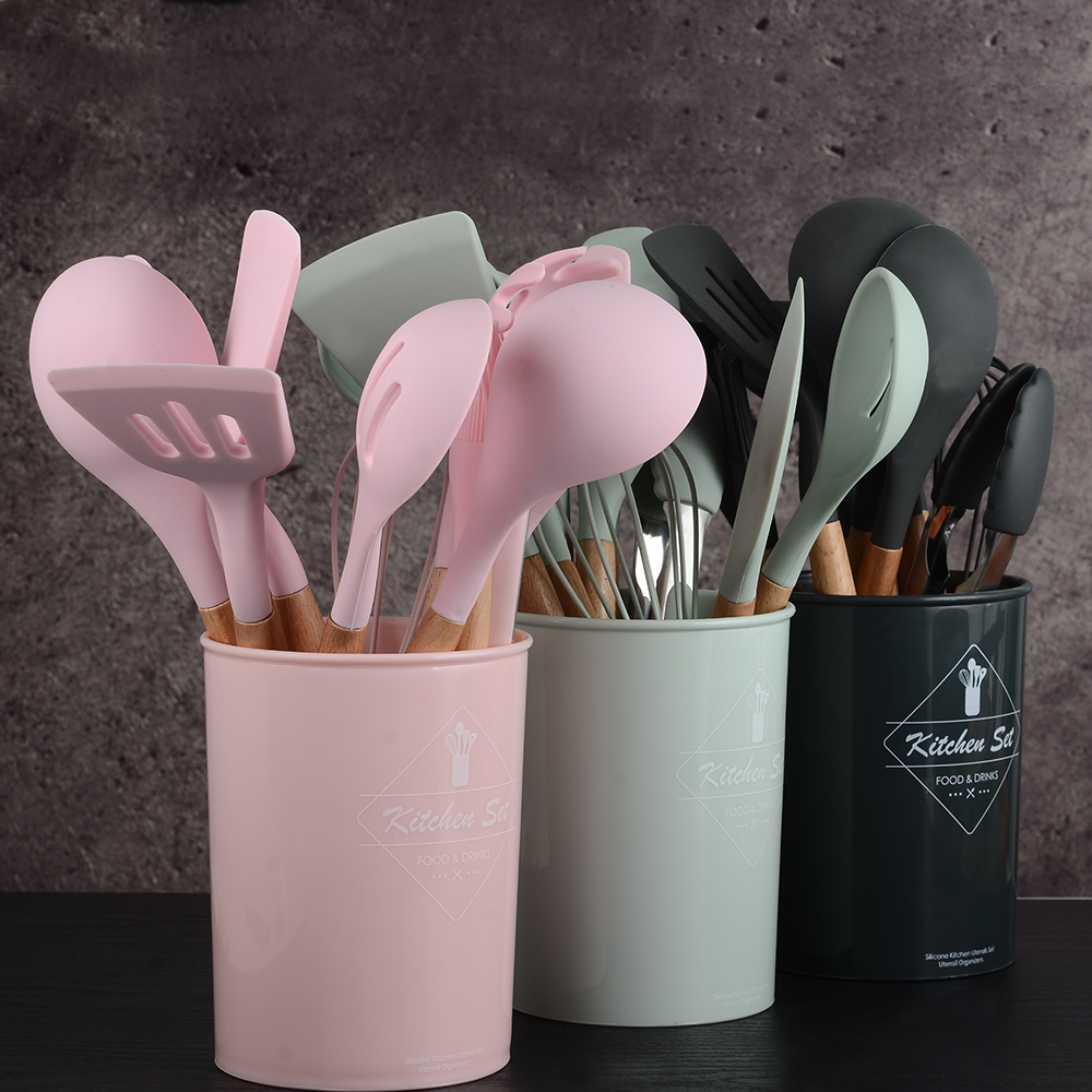 12-Piece Silicone Kitchen Set - Wooden Handles, Scratch-Resistant Baking Tools in Nylon Case, Perfect Home Kitchenware Image