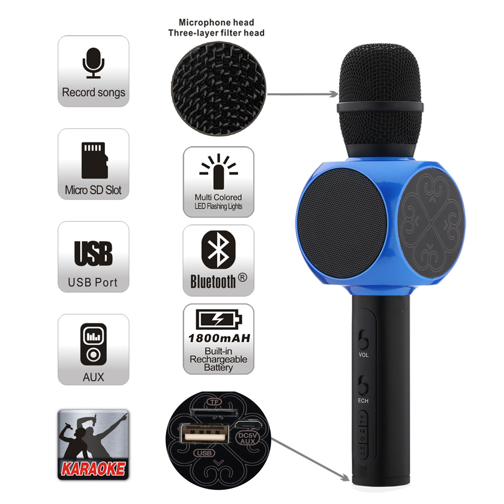 4-Hour Portable Handheld Karaoke Microphone with LED Lights | Wireless Karaoke Player for Home Parties, KTV, and Music Singing | Bluetooth Mic with Built-in Speaker | Rechargeable and Easy to Use for Adults and Kids (Multi) Image