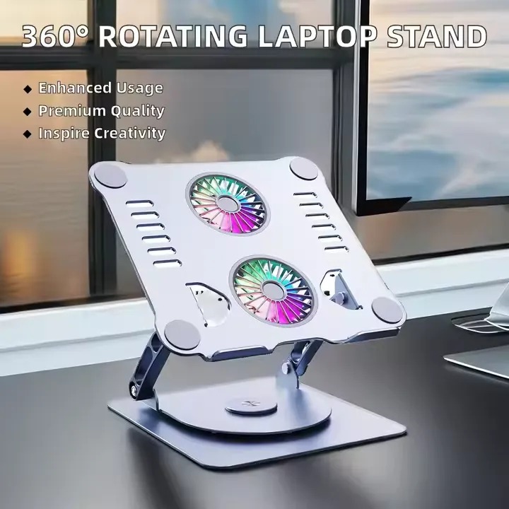 Adjustable Aluminum Desktop Laptop Stand with Cooling Fan, Foldable Minimalist Design, Ergonomic Portable Laptop Stand for Work & Study Image