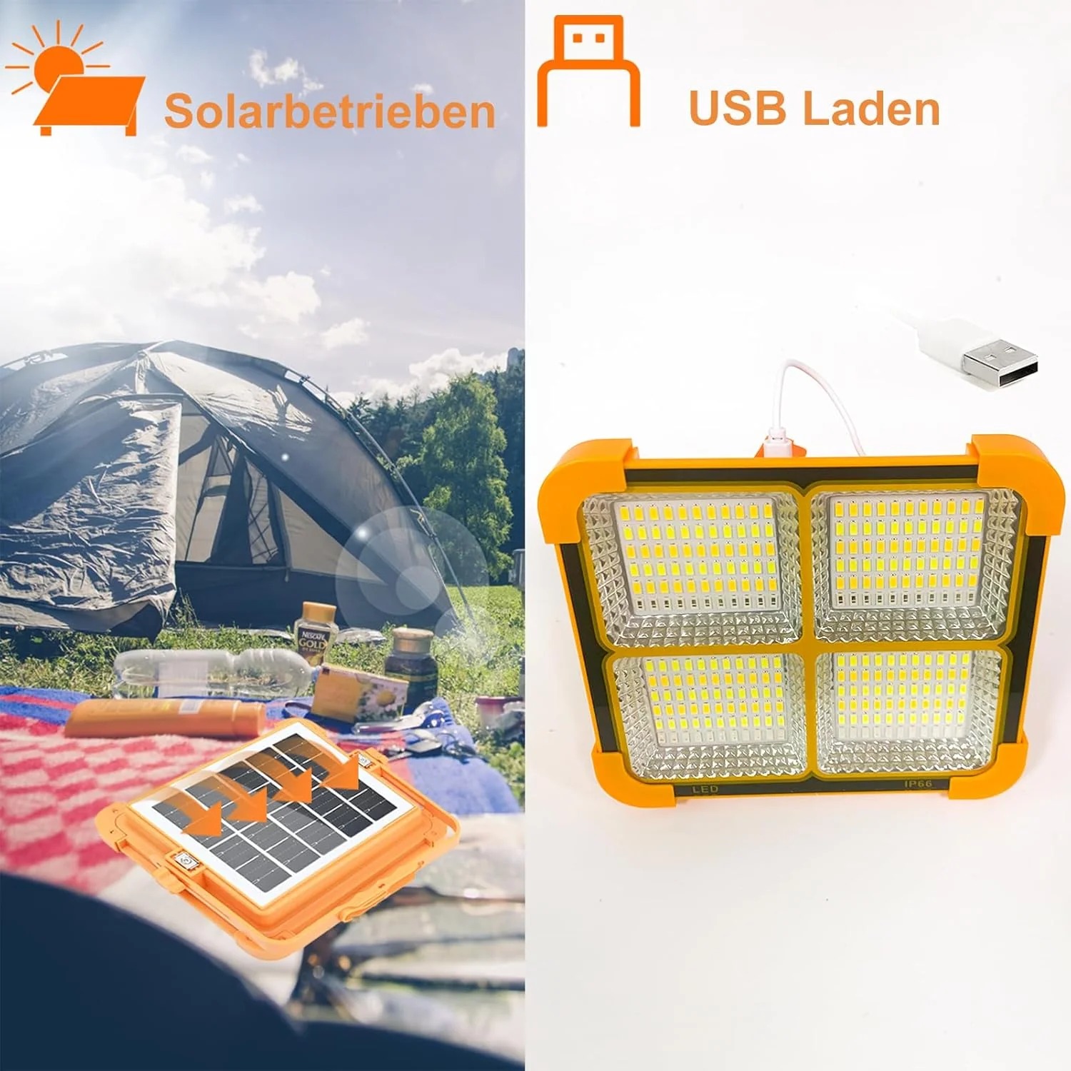 Rechargeable Solar LED Light - 4 Lighting Modes, Adjustable Color Temperature, 264 LEDs, Emergency Flashing, Portable Spotlight Image