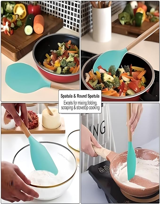 19-Piece Silicone Cooking Utensils & Knife Set with Block | Includes 11 Silicone Utensils, 5 Stainless Steel Knives, Scissors, Cutting Board | Teal Image