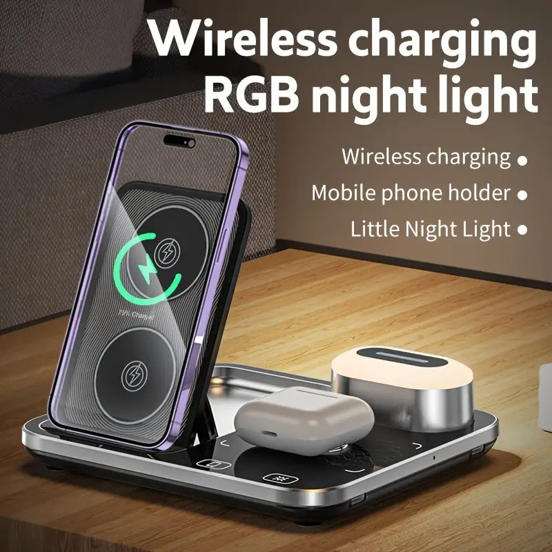 R12 Desktop Wireless Charger – 4-in-1 Automatic Lifting Station with RGB Light Effects and Sound-Controlled Lights Image