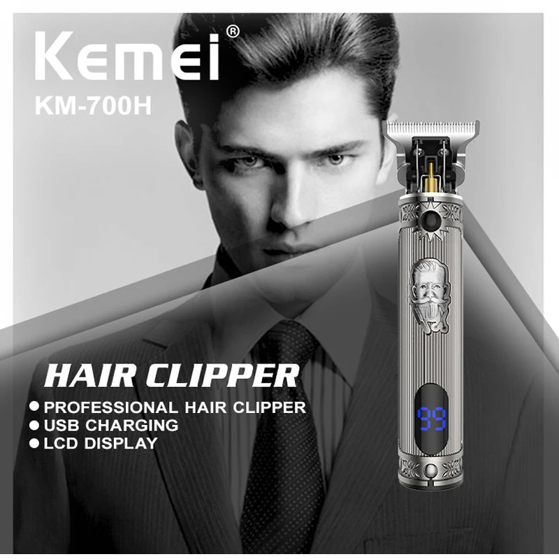 KM-700H Professional Cordless Hair Clipper. LCD display, 1500mAh USB rechargeable, adjustable blades & metal body for barbers. Image